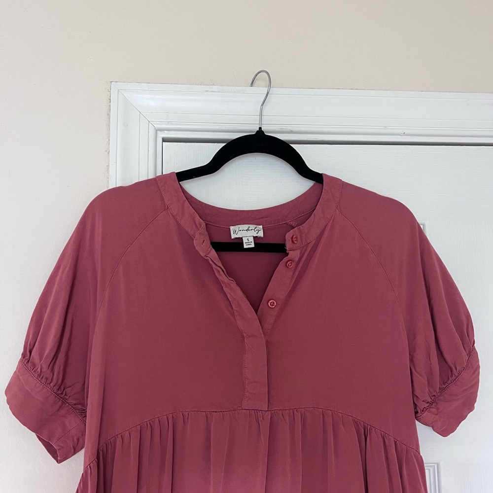 Wonderly Pink Puff Sleeve Blouse with Mandarin Collar